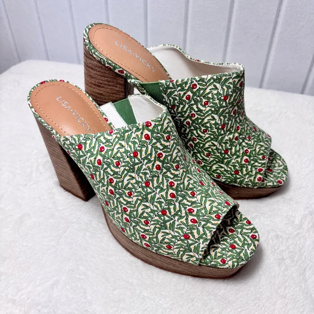 Lisa Vicky‎ Green Leaf Print Joy Platform Sandals Size 9M